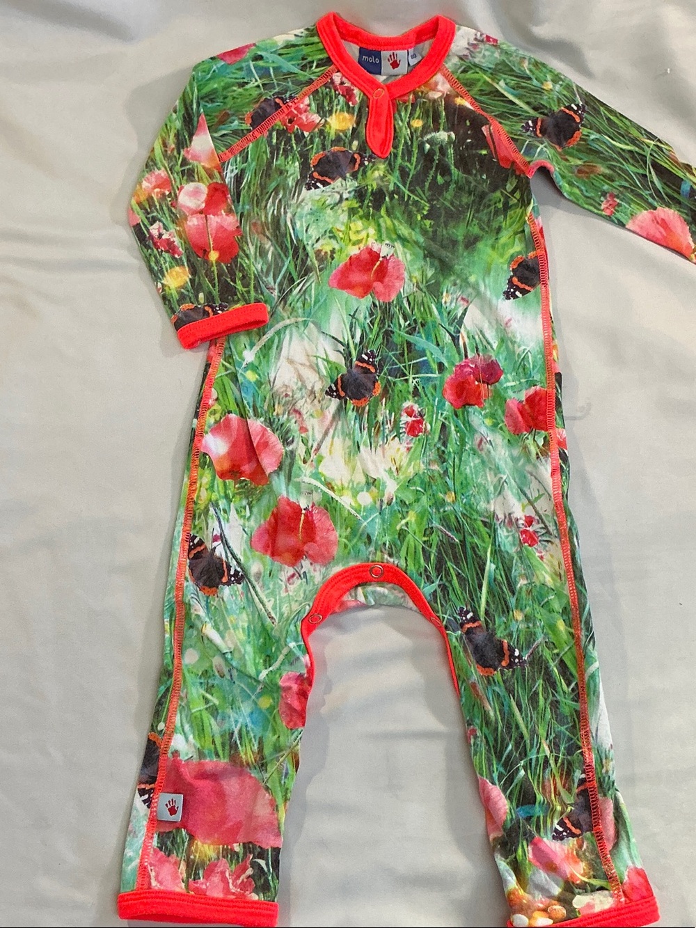 Molo Green Meadow Print Footie with Red Trim